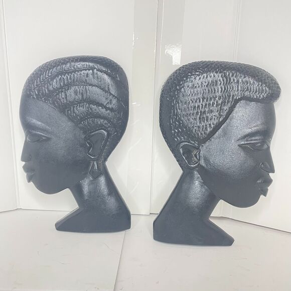 African Wall Art Carved Wood Painted‎ Black 7"x4" Ethnic Tribal Sculpture Busts - Picture 2 of 9